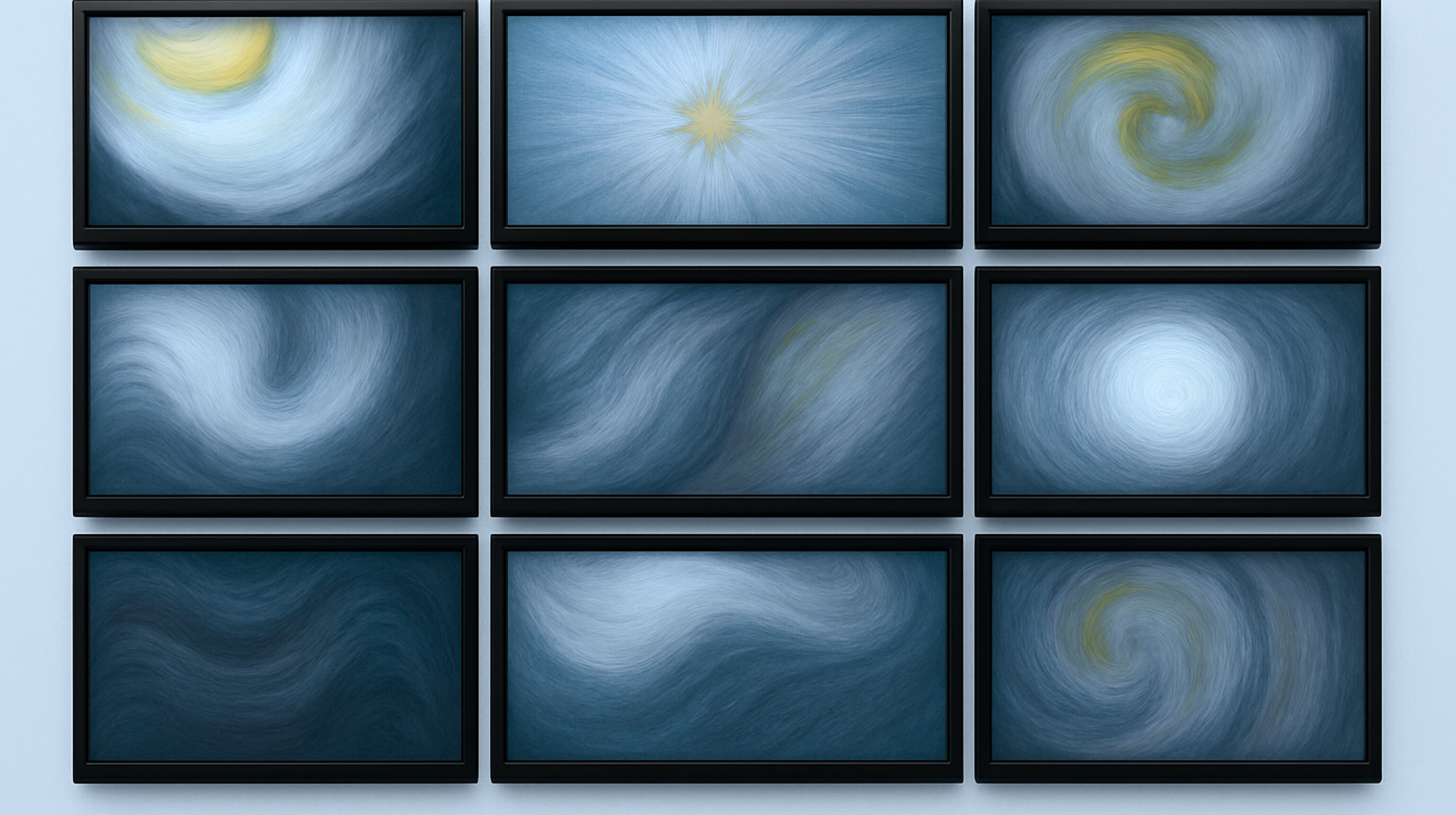 A wall of tvs with impressionistic images