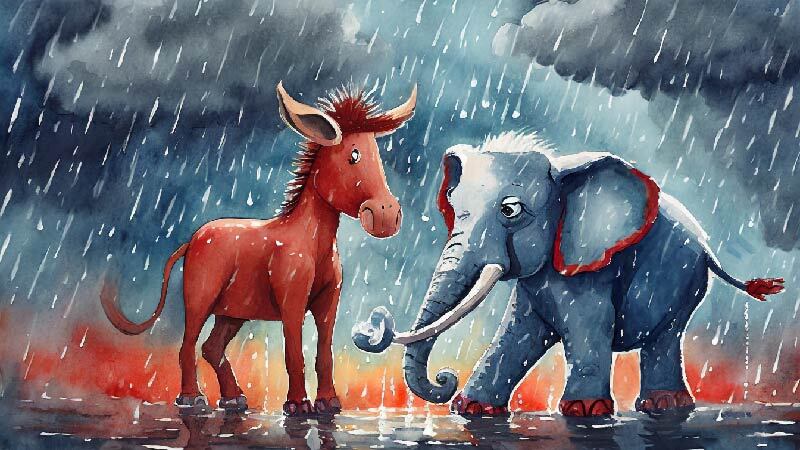 Firefly Cartoon donkey and elephant, in a storm, hues of red white and blue, in a rainy storm_800-450
