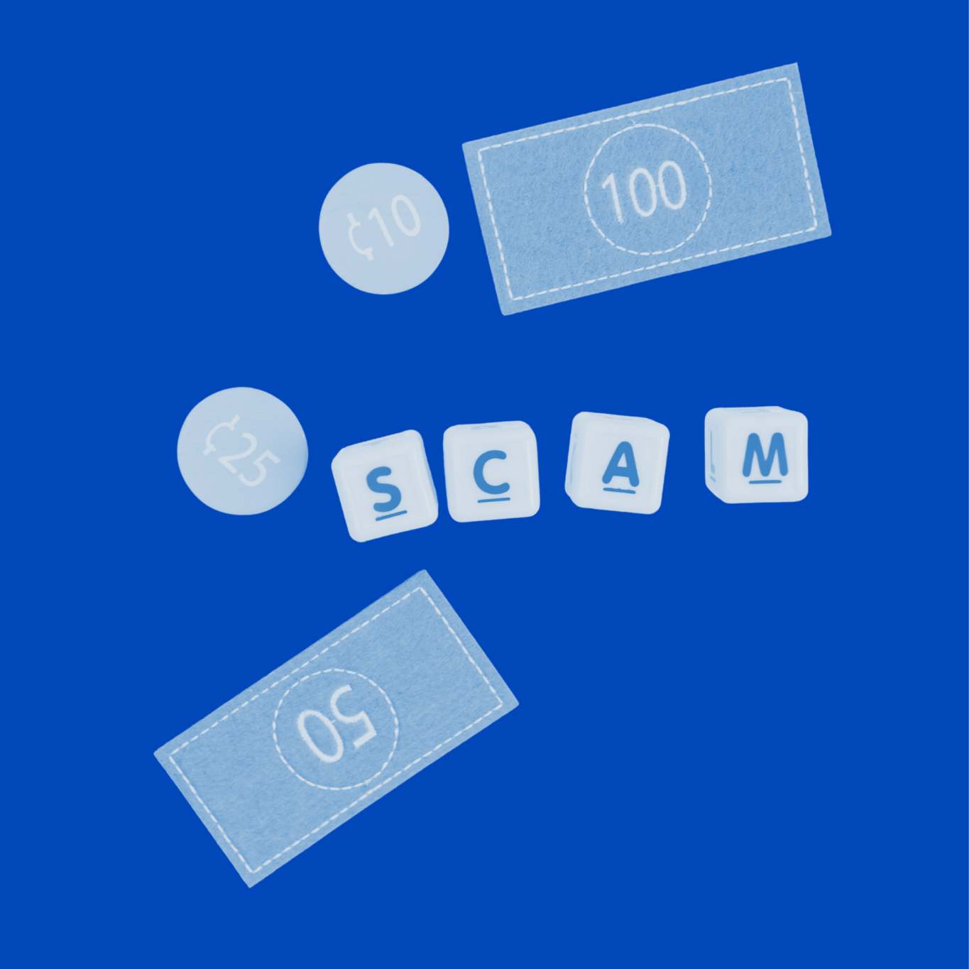 Felt money and the letter blocks spelling out the word Scam